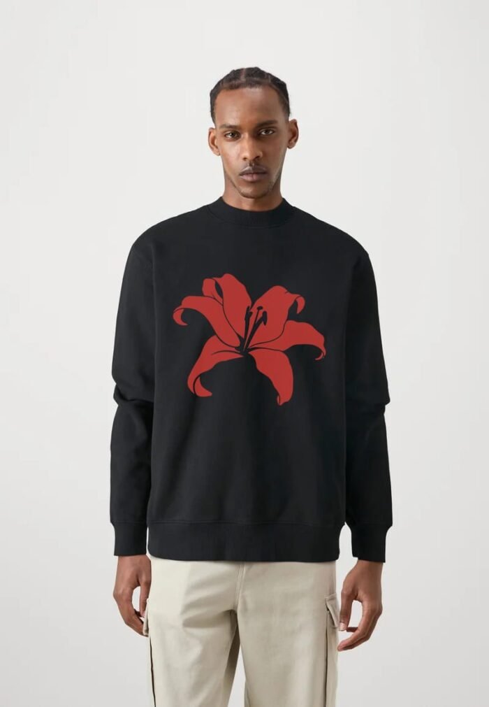 Comverses Men’s Cyan Blue White Red Giant Lily Black Full Sweater