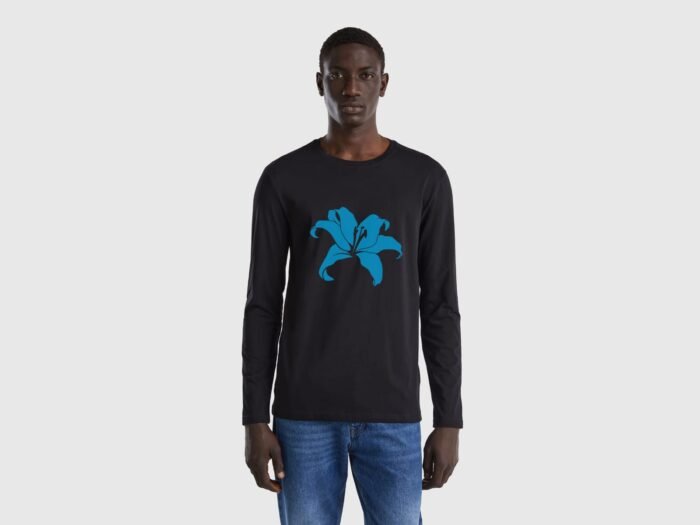 Comverses Men’s Cyan Blue Giant Lily Black Full Sleeve Shirt