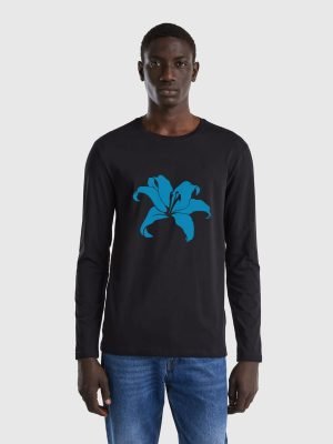 Comverses Men’s Cyan Blue Giant Lily Black Full Sleeve Shirt